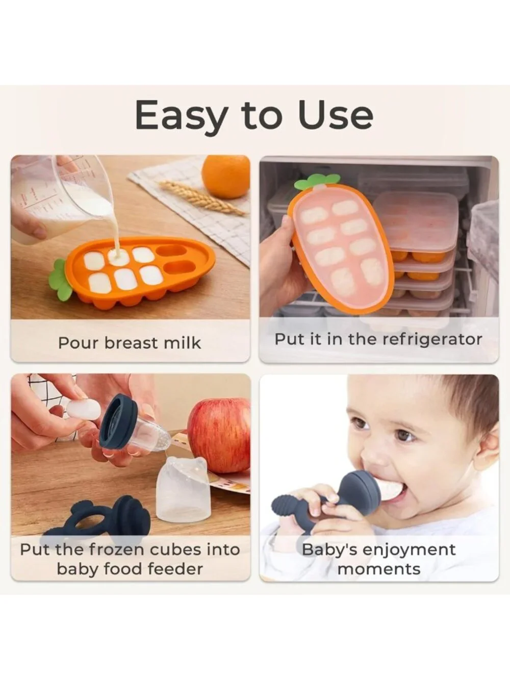 Baby Fruit Feeder Set with Freezer Tray & Silicone Pouches, Teething Relief 4